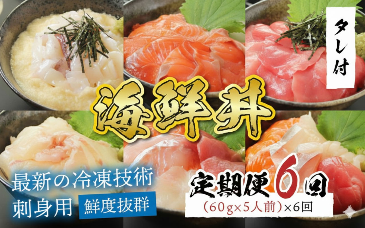 【6ヶ月連続お届け】【定期便】【刺身用】おまかせ海鮮丼の具 60g（タレ付）× 5人前 × 6回【最新の冷凍技術】