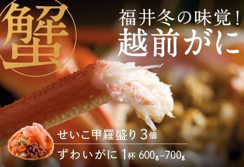 【産地直送】先行予約！ 福井冬の味覚！越前がに（ずわいがに活 600～700g 1杯） ＆ せいこ甲羅盛り3個  2024年11月15日以降発送