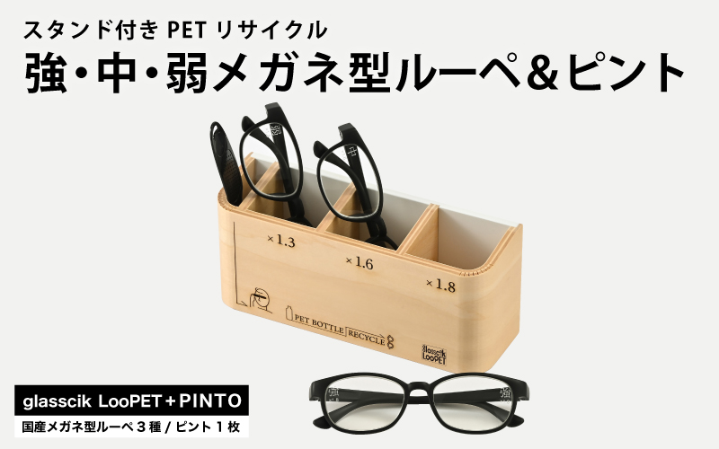 スタンド付きPETリサイクル強、中、弱メガネ型ルーペ+ピント