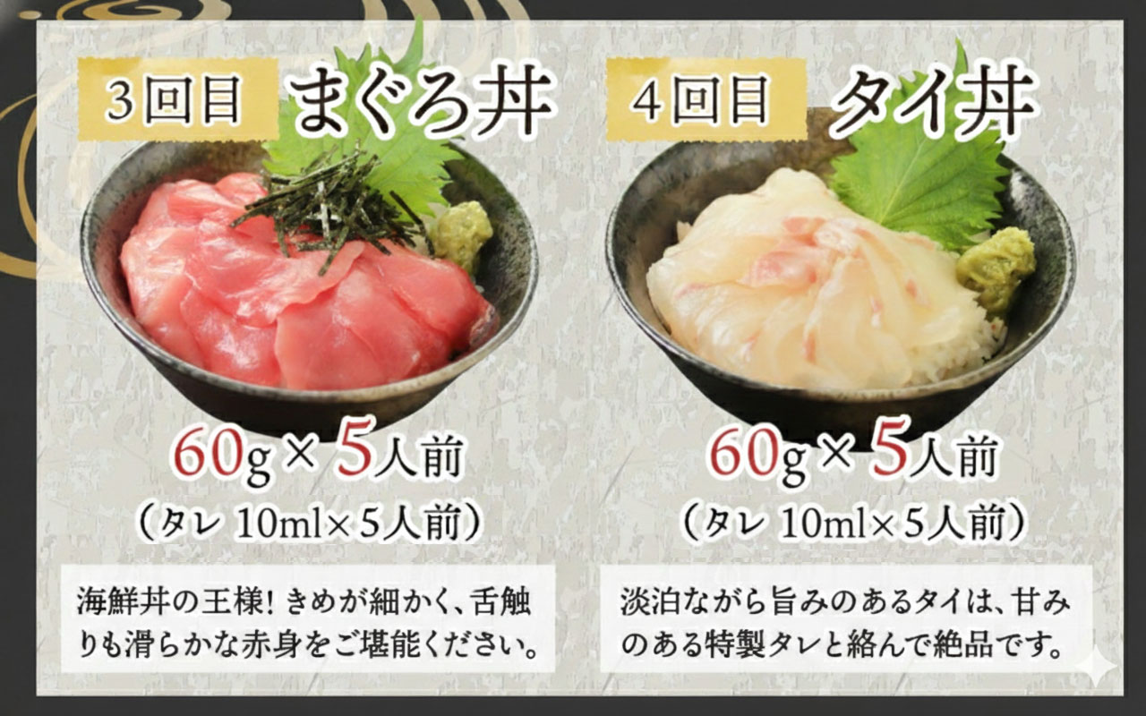 【6ヶ月連続お届け】【定期便】【刺身用】おまかせ海鮮丼の具 60g（タレ付）× 5人前 × 6回【最新の冷凍技術】