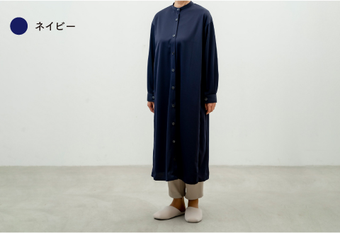 スタンドカラーシャツワンピース 3色 2サイズ展開 ネイビー(M-L)