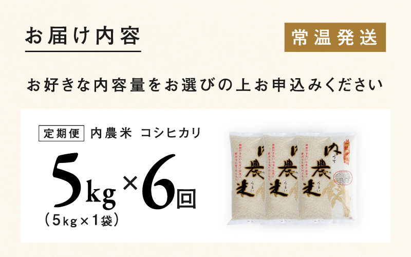 【６ヶ月連続お届け】新米！2024年10月以降順次発送！令和6年産 内農米コシヒカリ定期便 5kg × 6回 計30kg