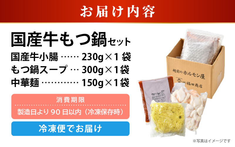 ぷるるんもつ鍋セット 中華麺付き！（約2～3人前）みそ味 越前のホルモン屋 国産牛 / 味噌 モツ鍋 小腸 ホルモン 鍋 国産 国産牛 牛ホルモン おつまみ 冷凍 お試しセット やみつき 人気 キャンプ アウトドア [aw001-a010]