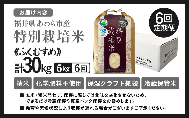 【先行予約】【令和8年産】定期便 ≪6ヶ月連続お届け≫ 化学肥料不使用 ふくむすめ 精米 5kg × 6回（合計30kg）※2026年10月上旬より順次発送予定 [aw010-f014]
