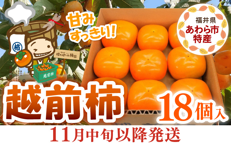 【先行予約】【2026年11月中旬以降発送予定】厳選！種なし！スッキリ甘みの越前柿 18個入  ／ 果物 フルーツ かき 種なし  産地直送 期間限定 ※2026年11月中旬以降発送予定 [aw031-a003_11]