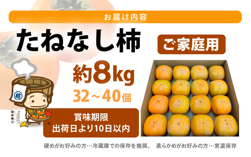 【先行予約】【訳あり】【2026年10月下旬～11月中旬に発送】 甘みすっきり！あわらのたねなし柿 約8kg（32個～40個）（ご家庭用）／ 果物 フルーツ 産地直送 期間限定 ※2026年10月下旬～11月中旬に発送予定 [aw031-a004_10]