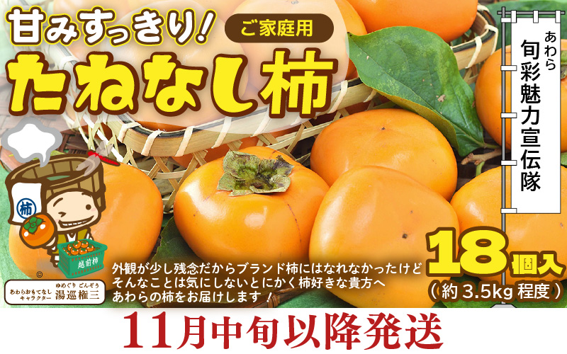 【先行予約】【訳あり】【2026年11月中旬以降発送予定】甘みすっきり！あわらのたねなし柿 約3.5kg（18個入）（ご家庭用） ／ 果物 フルーツ かき 種なし  産地直送 期間限定 ※2026年11月中旬以降発送予定 [aw031-a006_11]