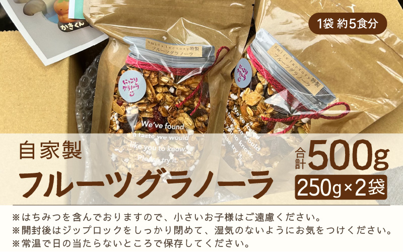 無添加 グラノーラ 250g×2袋（計500g）自家製 フルーツグラノーラ ／ 着色料不使用 オーガニック 果物 ドライフルーツ オートミール ヨーグルト 牛乳 シリアル 朝食 グルメ お取り寄せ ギフト 国産 ドライフルーツ ミックス クランベリー レーズン ナッツ きび砂糖 小分け グラノラ [aw051-a003]