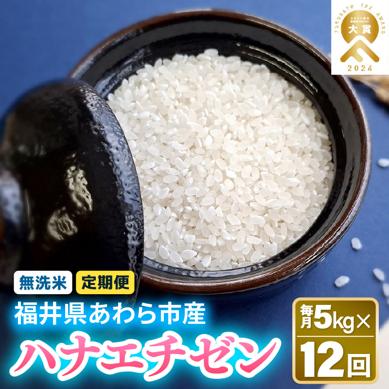 【先行予約】【令和8年産】定期便 ≪12ヶ月連続お届け≫ 華越前  無洗米 5kg×12回 （計60kg）/ 米 5キロ 60キロ ハナエチゼン はなえちぜん 北陸 福井県産 あわら市 ブランド米 白米 お米 コメ こめ kome ※2026年10月上旬以降順次発送 [aw056-i001]