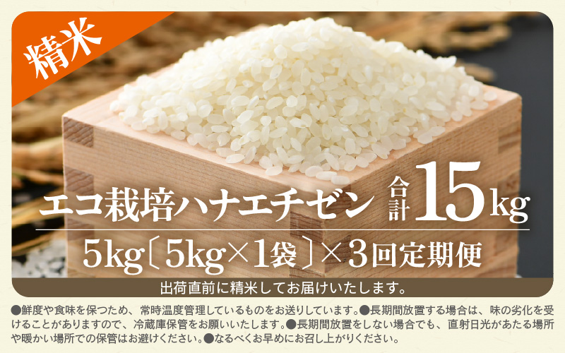 【先行予約】【令和8年産 新米】 エコ栽培ハナエチゼン　白米5kg×3回 計15kg ／ 鮮度抜群 福井県産 はなえちぜん ご飯 新鮮 白米 ※2026年9月上旬以降順次発送予定 [aw063-b015]