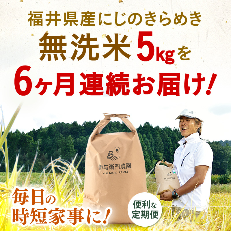 【先行予約】【令和8年産】定期便 ≪6ヶ月連続お届け≫ にじのきらめき 無洗米 5kg×6回 / 鮮度抜群 30キロ 福井県あわら産 無洗米 お米 ※2026年10月上旬より順次発送 [aw071-g002]