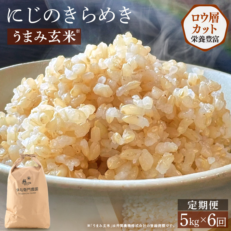 【先行予約】【令和8年産】定期便 ≪6ヶ月連続お届け≫ にじのきらめき うまみ玄米 5kg×6回 ／ 鮮度抜群 30キロ 福井県あわら産 玄米 お米 ※2026年10月上旬より順次発送 [aw071-g003]