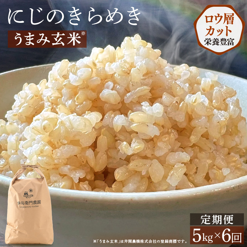 【先行予約】【令和8年産】定期便 ≪6ヶ月連続お届け≫ にじのきらめき うまみ玄米 5kg×6回 ／ 鮮度抜群 30キロ 福井県あわら産 玄米 お米 ※2026年10月上旬より順次発送 [aw071-g003]