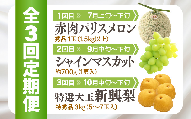 【先行予約】定期便 ≪3回お届け≫ 旬のフルーツ定期便 全3回 赤肉パリスメロン・シャインマスカット・新興梨【2026年7月以降順次発送予定】 [aw077-b005]