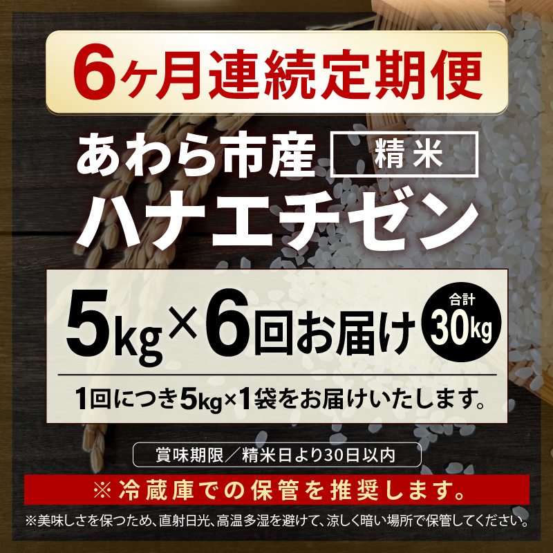 【先行予約】【令和8年産】定期便≪6ヶ月連続お届け≫ハナエチゼン 精米 5kg（計30kg）（農事組合法人イーノなかのはま100） / 北陸 福井県産 あわら市 ブランド米 白米 お米 コメ ※2026年10月より順次発送予定 [aw139-d002]