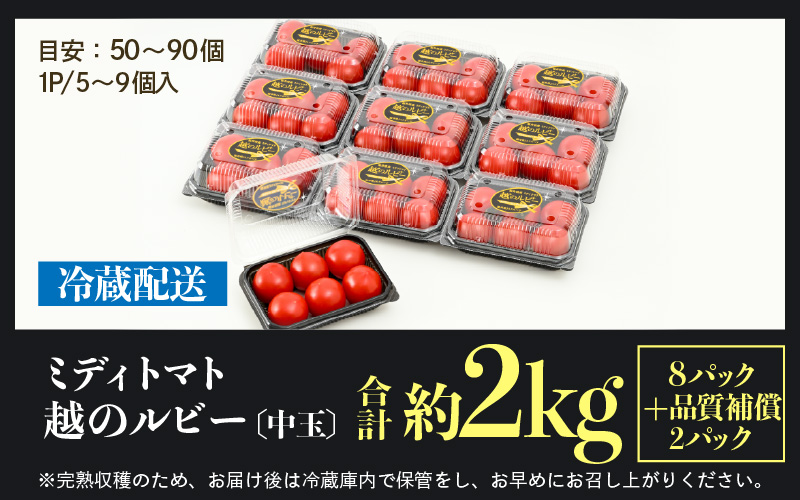 【先行予約】ミディトマト 越のルビー 約2kg 10パック（8パック＋品質補償2パック）／ 福井県産 ブランド トマト 福井県産ブランドトマト 農家直送 有機肥料 低農薬 完熟 甘い ※2026年9月下旬より順次発送 [aw069-a005]