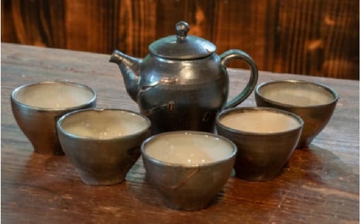 【青ノ木窯】銀彩ティーポット・湯呑セット [aw008-i001]