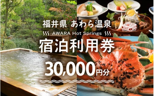 あわら温泉 宿泊利用券 30,000円分 ／ 宿泊券 旅館 チケット 観光 旅行 源泉 大浴場 露天風呂 福井県 あわら市 カニ 蟹 観光地 旅行券 国内旅行 旅行券 宿泊券 ゴルフ 国内 カニ 蟹 観光地 旅行券 国内旅行 旅行券 宿泊券 ゴルフ 国内 [aw013-j001]