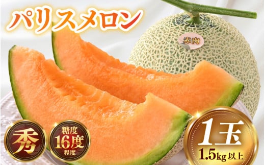 【先行予約】赤肉パリスメロン 秀品 1玉（1.5kg以上）【アールス系赤肉メロン】《糖度16度程度！1株1果採りで育てる高級メロン！》／ 果物 フルーツ 農家直送 赤肉 マスクメロン アールスメロン ギフト 贈答用 ※2026年7月上旬より順次発送予定 [aw028-a005]