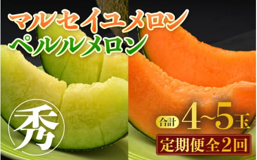 【先行予約】《定期便全2回》佐藤農園のメロン好きにはたまらん！赤肉青肉食べ比べ（マルセイユ・ペルルメロン）計4～5玉 農家直送 秀品 お届け！/ 特産 旬 夏 果物 完熟 メロン 朝どれ 美味しい お取り寄せ ※2026年6月上旬より順次発送 [aw069-b002]