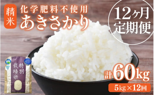 【先行予約】【令和8年産】定期便 ≪12ヶ月連続お届け≫ あきさかり 化学肥料不使用 精米 5kg × 12回（合計60kg） / 白米 米 福井県あわら市産 美味しい 特別栽培米 減農薬 安心な米 旨味 甘み もっちり 冷蔵保管米 ※2026年10月上旬以降発送予定 [aw010-k005]