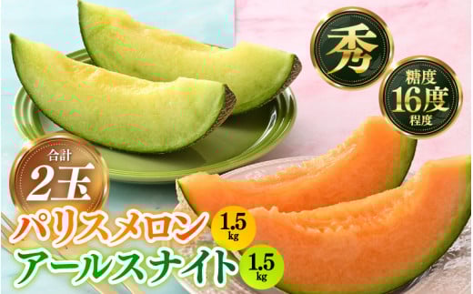 【先行予約】青肉アールスナイト 赤肉パリスメロン 秀品 各1玉（1.5kg以上×2玉）【アールス系メロン】《糖度16度程度！1株1果採りで育てる高級メロン！》／ 果物 フルーツ 農家直送 青肉 赤肉 セット マスクメロン アールスメロン ギフト 贈答用 ※2026年7月上旬より順次発送予定 [aw028-a013]