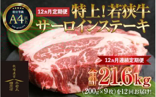 【定期便 全12回】特上！若狭牛サーロインステーキ 200g×9枚 ／ ステーキ ステーキ肉 A4 A5 200g サーロイン サーロインステーキ 国産 若狭牛 牛肉 [aw009-w001]