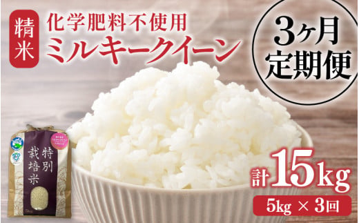 【先行予約】【令和8年産】定期便 ≪3ヶ月連続お届け≫ 化学肥料不使用 特別栽培米 ミルキークイーン 精米 5kg × 3回（合計15kg） / 白米 米 福井県あわら市産 美味しい 特別栽培米 減農薬 安心な米 旨味 甘み もっちり 冷蔵保管米 ※2026年10月上旬以降発送予定 [aw010-c024]