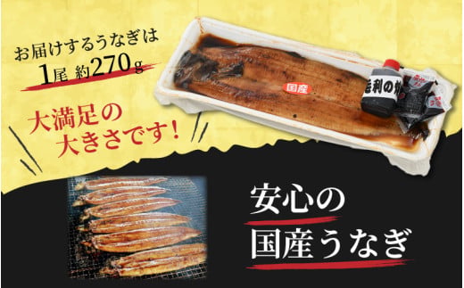 国産 活うなぎ蒲焼 有頭 約270gを1尾 1～2人前《ご寄付後、発送直前に1つ1つ手焼き！》【年内発送受付12月15日まで】／ 高級 特大 ウナギ 老舗魚屋 タレ レンジ 温めるだけ 簡単 土用の丑 うな重 うな丼 自家製タレ付 [aw072-a001]