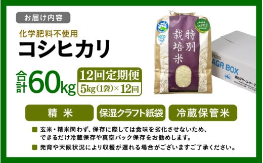 【先行予約】【令和8年産】定期便 ≪12ヶ月連続お届け≫ 化学肥料不使用 特別栽培米 コシヒカリ 精米 5kg × 12回（合計60kg） / 白米 米 福井県あわら市産 美味しい 特別栽培米 減農薬 安心な米 旨味 甘み もっちり 冷蔵保管米 ※2026年10月上旬以降発送予定 [aw010-k003]