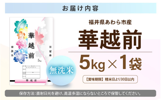 【先行予約】【令和8年産】 【9月上旬以降発送】華越前  無洗米 5kg / 米 5キロ ハナエチゼン はなえちぜん 北陸 福井県産 あわら市 ブランド米 白米 お米 コメ こめ kome ※2026年9月上旬以降順次発送 [aw056-a028_09]