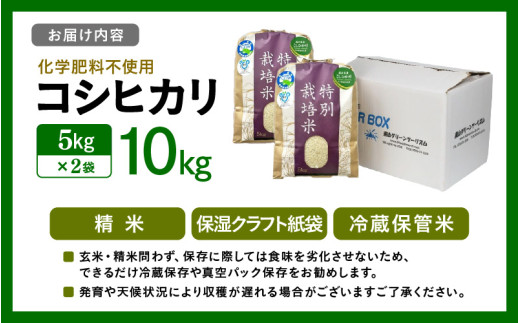 【令和7年産】 化学肥料不使用コシヒカリ 精米10kg（5kg×2袋） / 白米 米 福井県あわら市産 美味しい 特別栽培米 減農薬 安心な米 旨味 甘み もっちり エコファーマー こしひかり 冷蔵保管米 [aw010-b016]