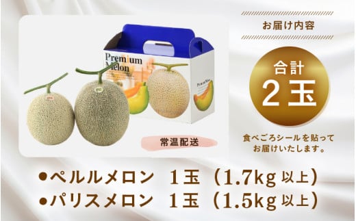 【先行予約】青肉ペルルメロン（1.7kg以上）赤肉パリスメロン（1.5kg以上 ）秀品 各1玉（計2玉）【ネット系＆アールス系メロン】《糖度16度程度！1株1果採りで育てる高級メロン！》／ 果物 フルーツ 農家直送 青肉 赤肉 セット ネット系マスクメロン アールスメロン ペルルメロン パリスメロンギフト 贈答用 ※2026年7月上旬より順次発送予定 [aw028-a002]