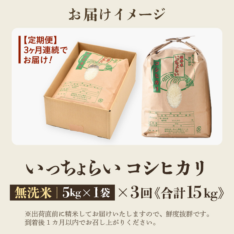 【先行予約】【令和8年産・新米】【一等米】《定期便3回》いっちょらい 無洗米 5kg × 3回（計15kg）／ 福井県産 ブランド米 コシヒカリ ご飯 白米 新鮮 大賞 受賞 ※2026年10月上旬以降順次発送予定 [aw012-b030]