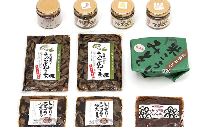 おおい夢工房自慢の逸品全部セット(完熟梅ジャム 米こうじみそ きのこごはんの素  しいたけと茎わかめの佃煮 ねり梅かつお おかず味噌3種 ) 惣菜 カツオ 