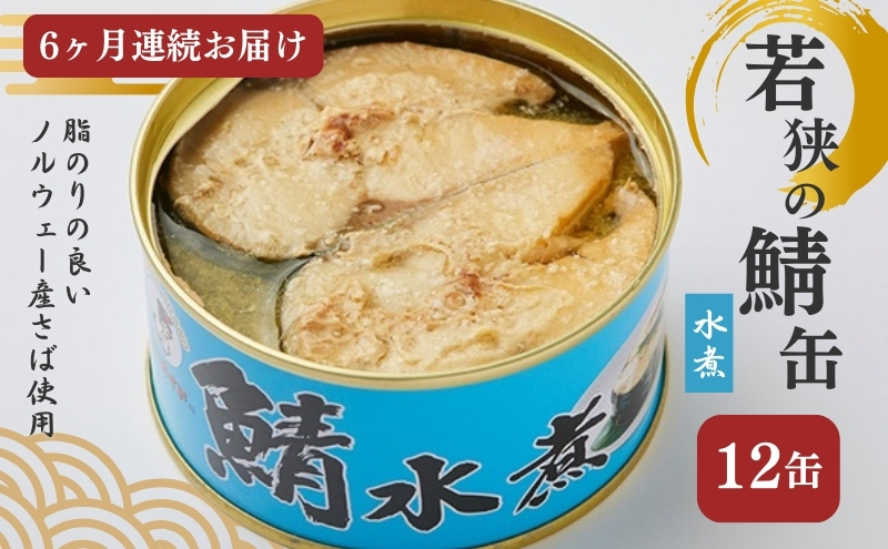 【6ヶ月連続お届け】若狭の鯖缶12缶セット（水煮） 加工食品 魚の加工品 鯖の缶詰 水煮缶 鯖の水煮 鯖の水煮缶 つまみ 調理 食材 魚の缶詰 お魚 食品 ストック 塩味 ノルウェー産 ノルウェー産鯖 DHA 便利 手軽 酒のあて
