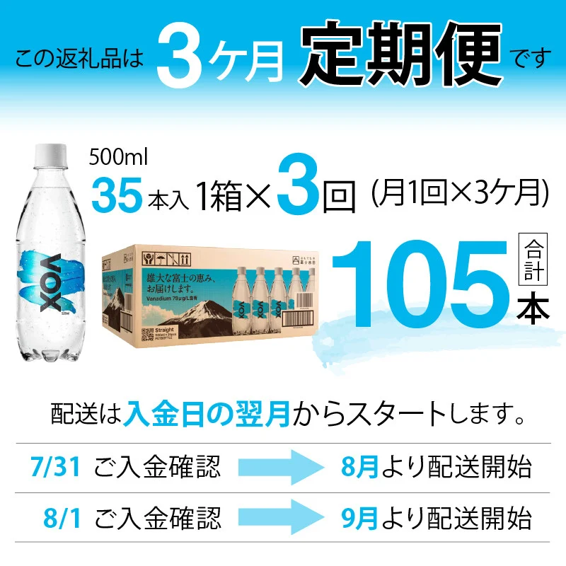 【3か月定期便】VOX バナジウム 強炭酸水 500ml 35本 【富士吉田市限定カートン】