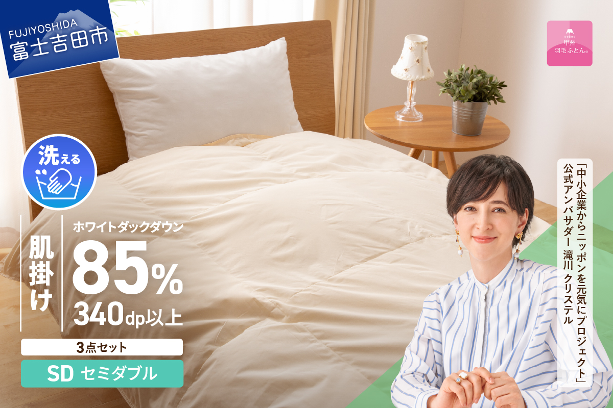 洗える羽毛肌掛けふとん３点セット（セミダブル）【抗菌・除菌・ウイルス除去カバー付き】