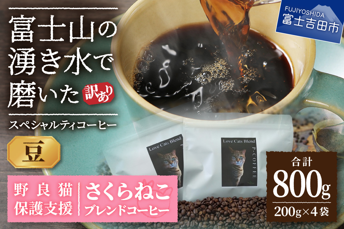 【訳あり】野良猫保護支援 さくらねこ ブレンドコーヒー 富士山の湧き水で磨いた スペシャルティコーヒー 豆 800g