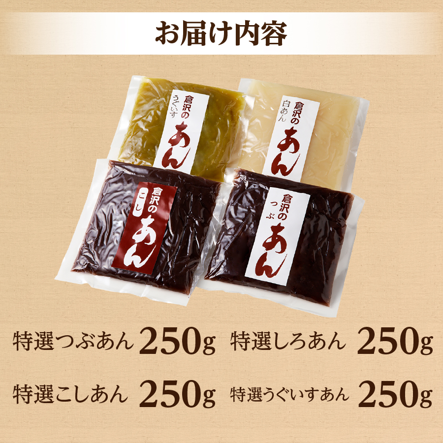 富士山の伏流水を使用したあんこセット（こしあん250g・つぶあん250g・白あん250g・うぐいすあん250g）