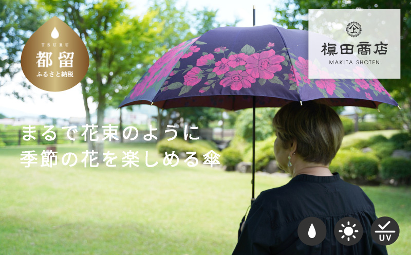 【槙田商店】晴雨兼用長傘　絵おり　大バラ  ネイビー　紺  傘 かさ 雨具 高級 晴雨 兼用 UV 日焼け ギフト ファッション  日傘 プレゼント 化粧箱 老舗