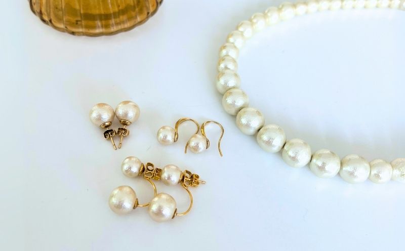 コットンパール「キスカ」シンプルショートネックレス(金具ゴールド)とピアス３点セット【～en～】｜コットンパール ネックレス アクセサリー 入学式 卒業式 結婚式 ゴールド
