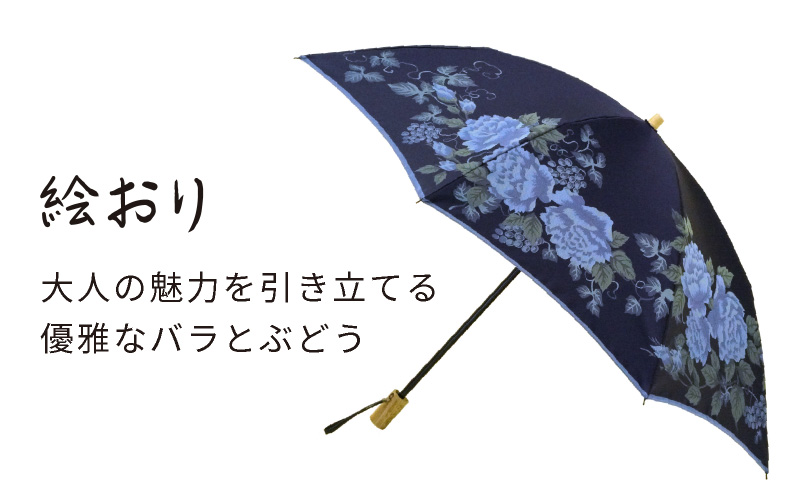 【槙田商店】晴雨兼用折りたたみ傘　絵おり　バラとぶどう　ネイビー ｜傘 かさ 雨具 高級 晴雨 兼用 UV 日焼け ギフト ファッション 日傘 プレゼント 化粧箱 老舗