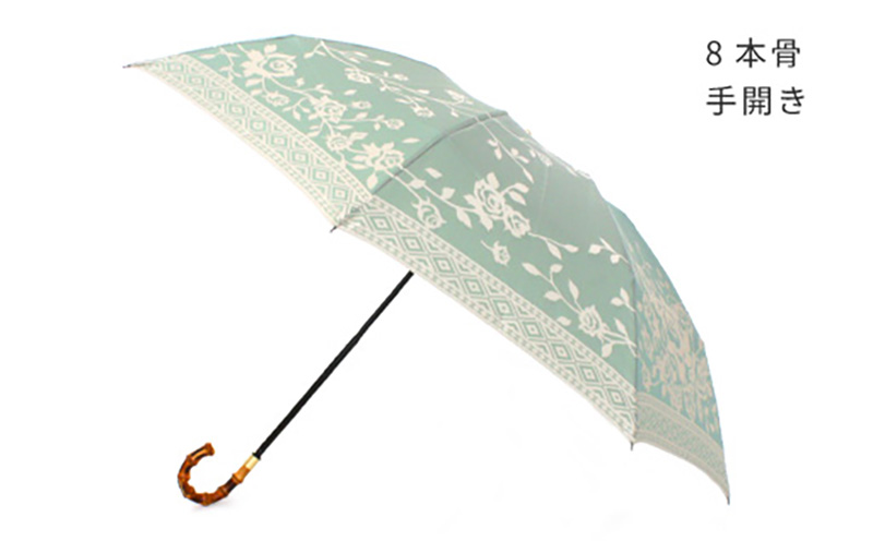 【槙田商店】晴雨兼用折りたたみ傘　kirie　バラ　セイジグリーン | 傘 かさ 雨具 高級 晴雨 兼用 UV 日焼け ギフト ファッション 日傘 プレゼント 化粧箱 老舗