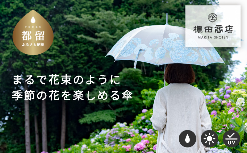 【槙田商店】晴雨兼用長傘　絵おり　紫陽花　ベージュ  日傘 UV プレゼント 化粧箱 ギフト 老舗