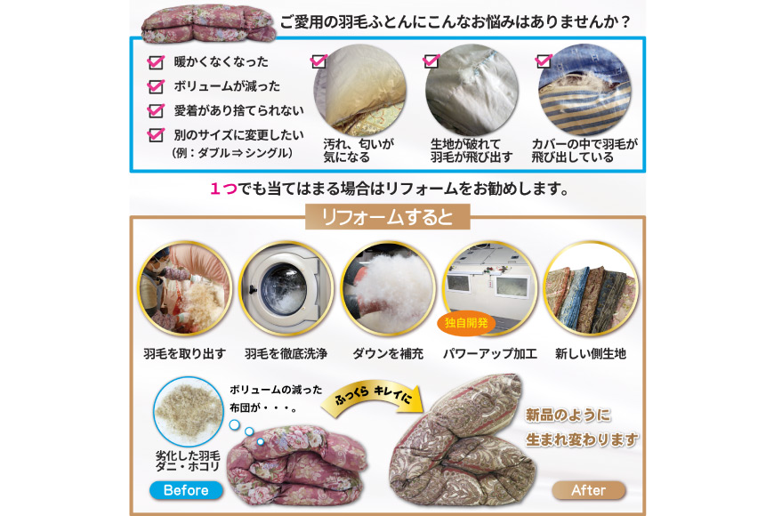リフレッシュ 羽毛布団 掛け布団 シングル リフォーム クリーニング 布団洗浄 仕立て直し デラックス【ホワイトダックダウン90％ 80サテン超長綿 赤 柄おまかせ】 布団打ち直し 布団リフォーム リフレッシュサービス 布団 羽毛 ふとん ダウン ダウンケット 羽毛ぶとん 打ち直し 抗菌防臭 [川村羽毛 山梨県 韮崎市 20743589]