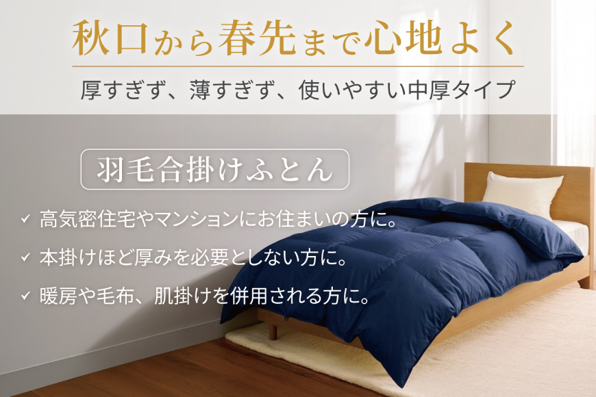 【春秋用】 洗える 羽毛布団 合掛け ダブル ホワイトダックダウン85％ 1.2kg 無地 ネイビー 中厚 春用 秋用 [川村羽毛 山梨県 韮崎市 20745414] 合い掛け 軽い羽毛 布団 コインランドリー 掛け布団 ダウンかけ布団 ふとん 羽毛ふとん 合掛け布団 エクセルゴールドラベル