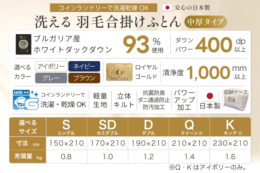 【春秋用】 洗える 羽毛布団 合掛け ダブル ホワイトダックダウン93％ 1.2kg 無地 グレー 中厚 春用 秋用 [川村羽毛 山梨県 韮崎市 20745427] 合い掛け 布団 ブルガリア産 コインランドリー 掛け布団 ダウンかけ布団 ふとん 羽毛ふとん 合掛け布団 ロイヤルゴールドラベル