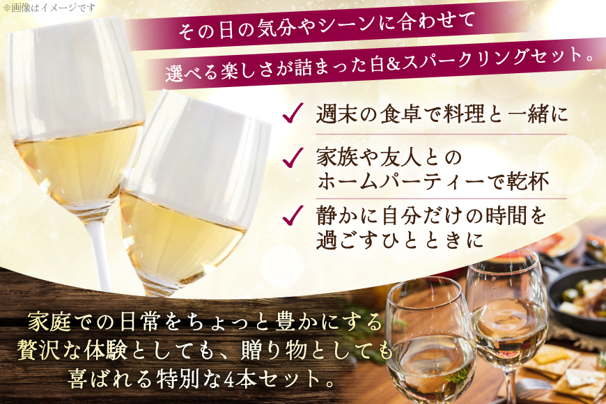 白ワイン ＆ スパークリングワイン 4本セット 750ml ×4本 [株式会社まあめいく 山梨県 韮崎市 20745329] ワイン Wine わいん 白ワイン スパークリング 飲み比べ セット お酒 酒 山梨ワイン セット シャルドネ