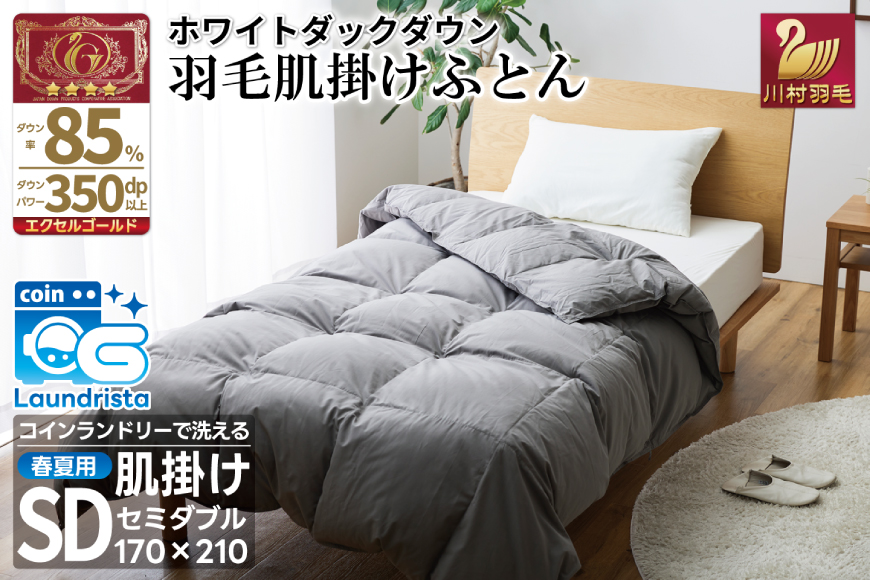 【春夏用】洗える！ 羽毛 肌掛け布団 セミダブル ホワイトダックダウン 85%  (無地 グレー) 羽毛布団 布団 ふとん 羽毛 肌掛け 掛け布団 寝具 夏用 日本製 国産 抗菌防臭 無地 コインランドリー [川村羽毛 山梨県 韮崎市 20745099]